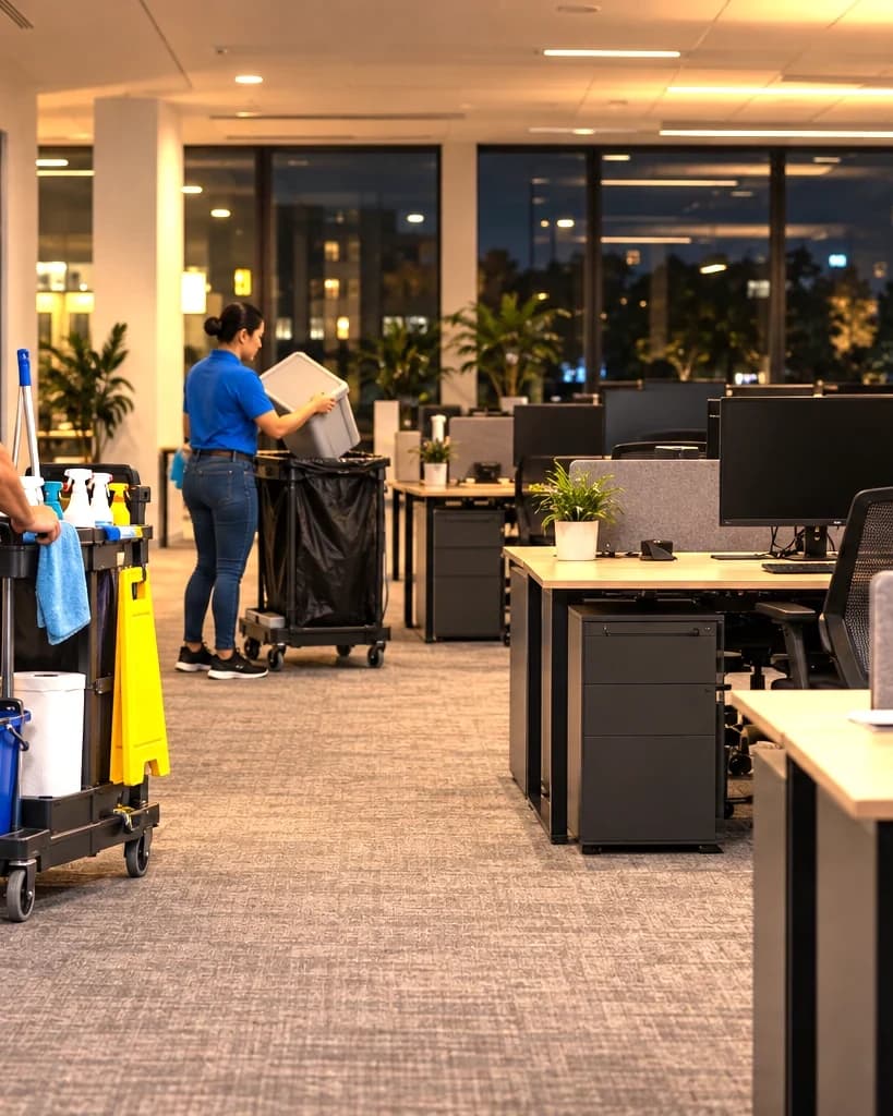 A two-person janitorial crew working in an Austin office after hours