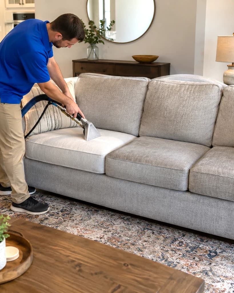 Cleaner washing a fabric sofa with an upholstery extraction tool