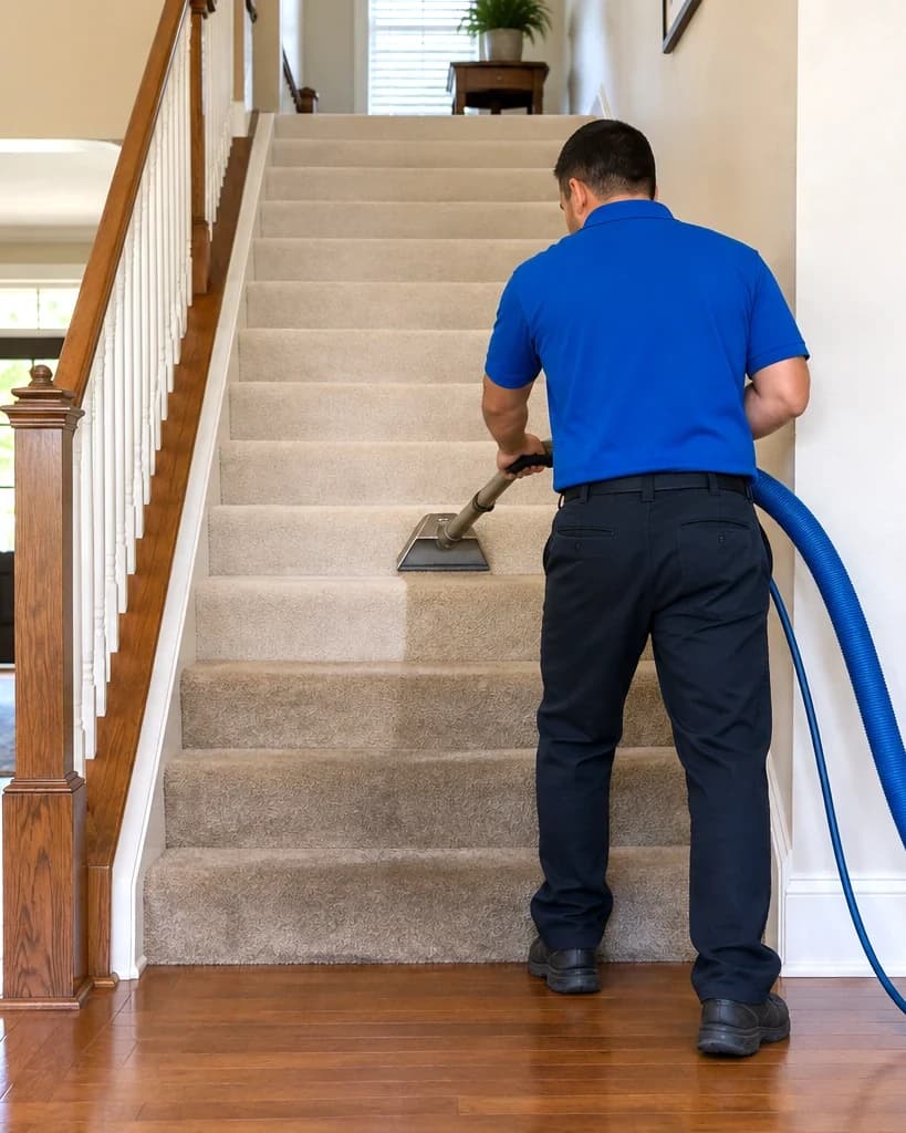 Cleaner running an extraction machine up a carpeted staircase