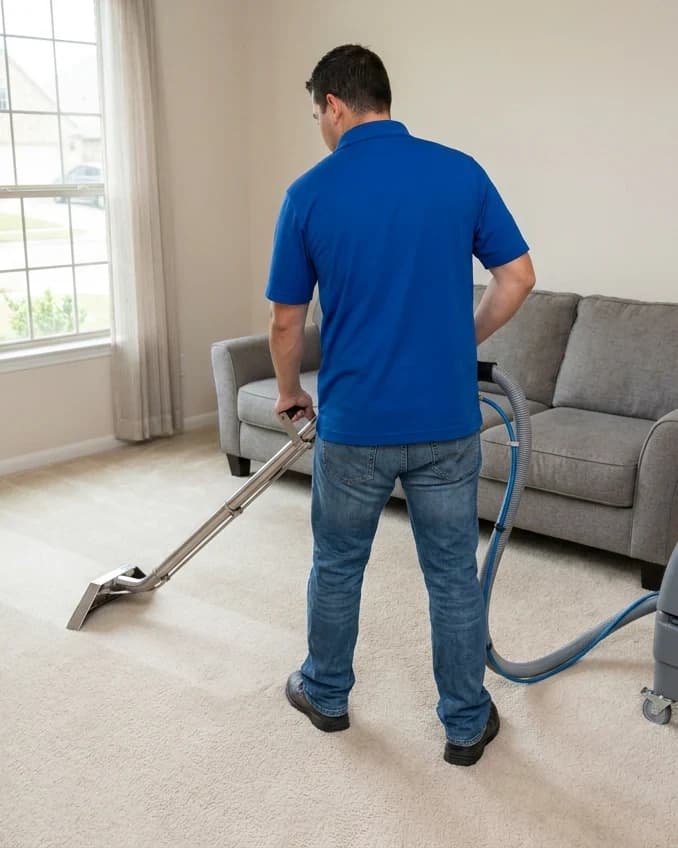 Cleaner running a hot water extraction machine across a living room carpet, leaving a clean track