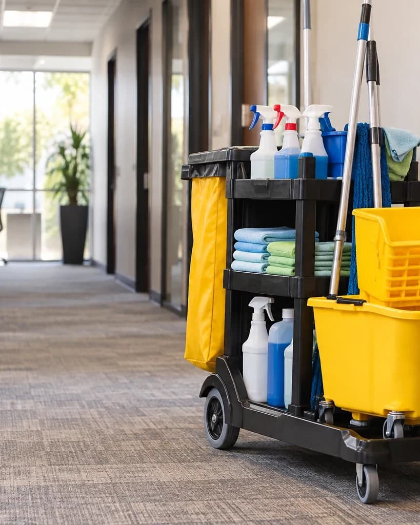 A stocked janitorial cart in the corridor of an Austin office building
