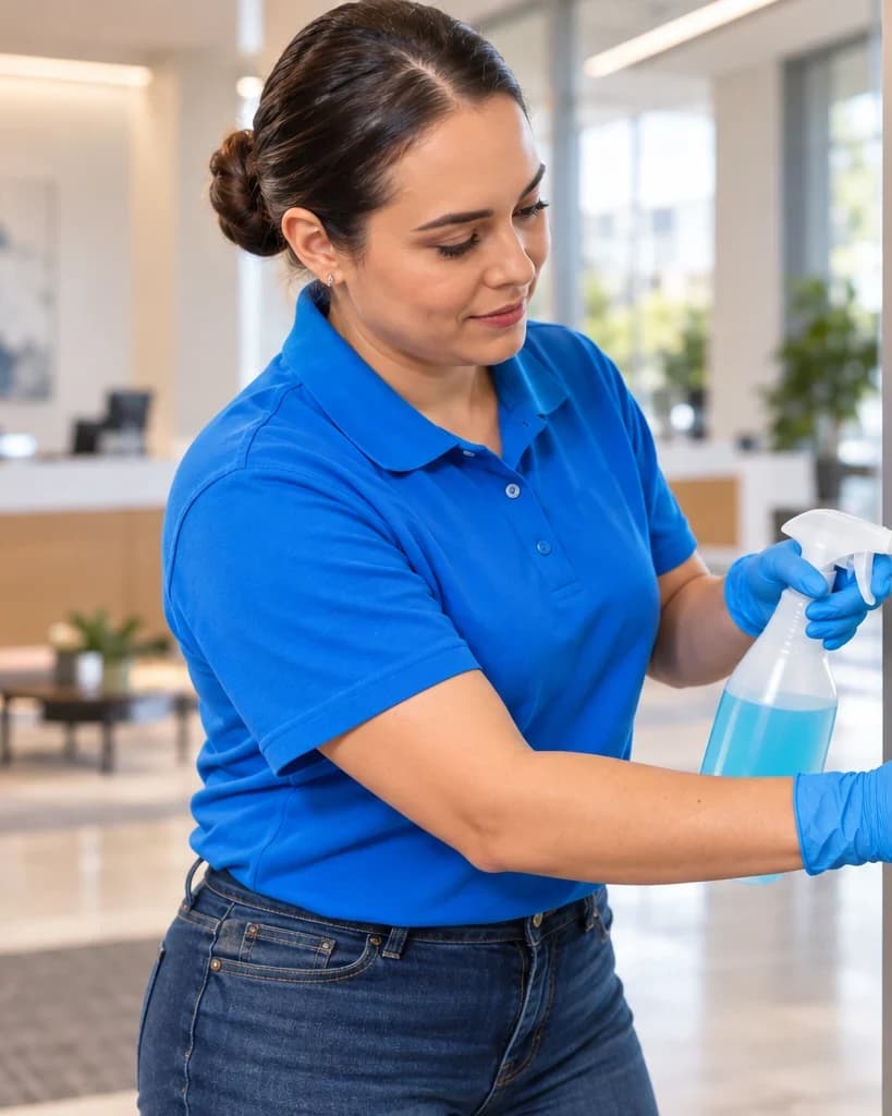 Gloved cleaner disinfecting the handle of a glass office door in Austin