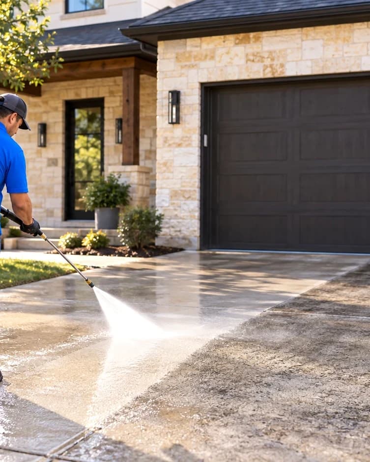 Worker pressure washing a concrete driveway in front of an Austin home