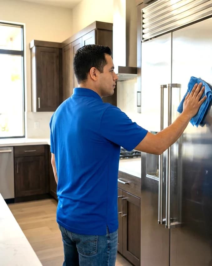Cleaner polishing a stainless steel refrigerator in an empty kitchen before a showing