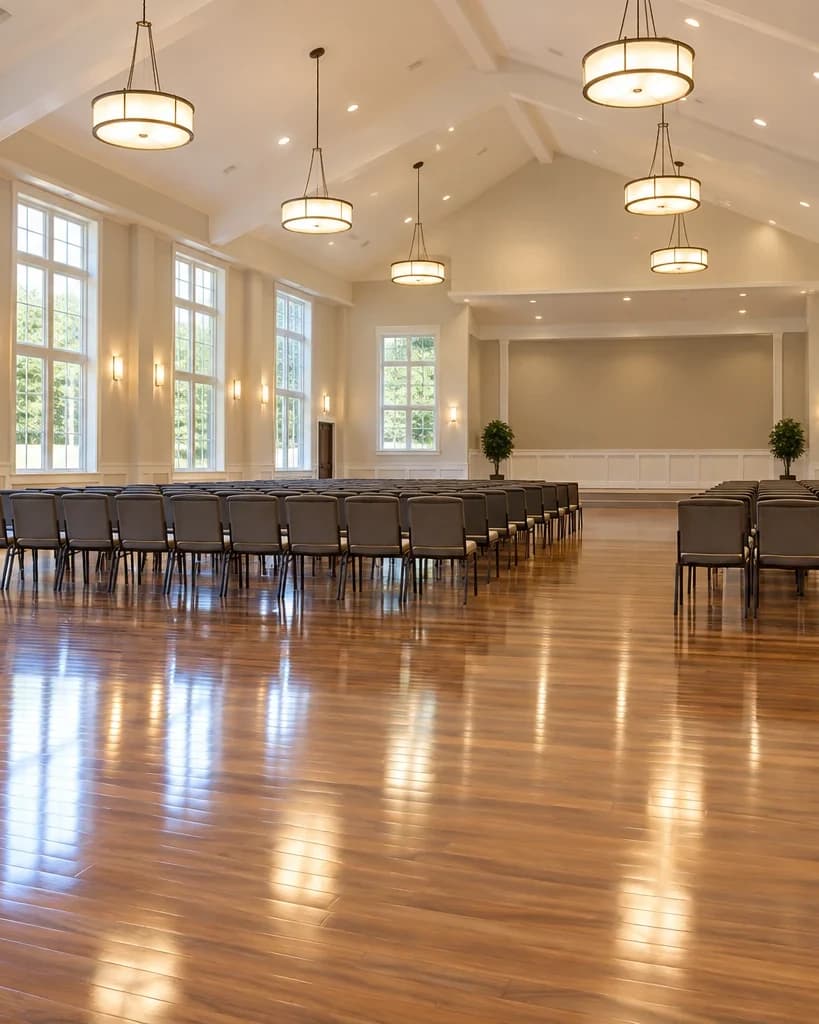 A community hall in San Antonio after cleaning, chairs aligned and the wood floor polished