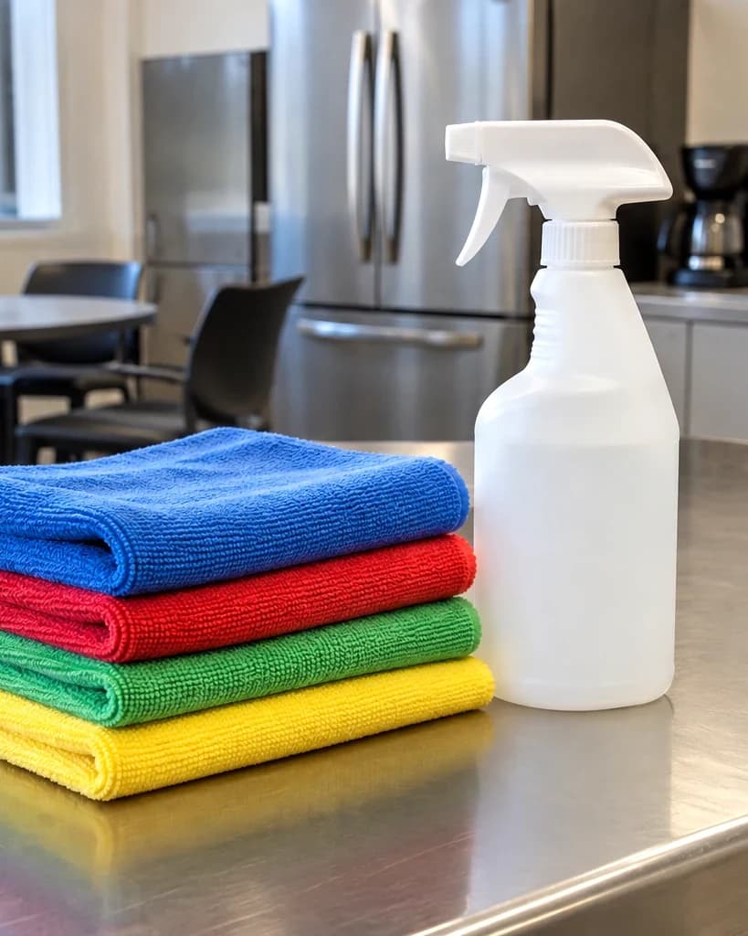 Colour-coded microfiber cloths and a spray bottle on a break room counter