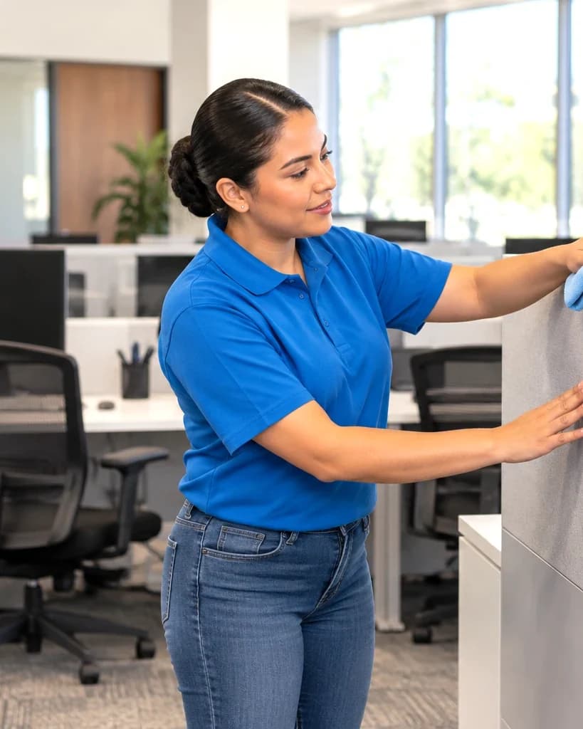 Cleaner dusting the top edge of office partitions in a San Antonio workplace