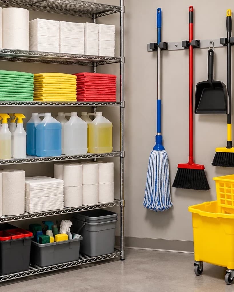 An organised janitorial supply closet with colour-coded microfiber cloths