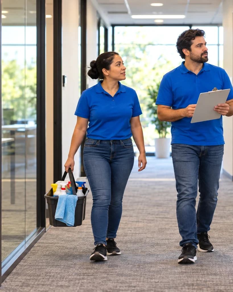 A janitorial supervisor and cleaner walking an Austin office building together