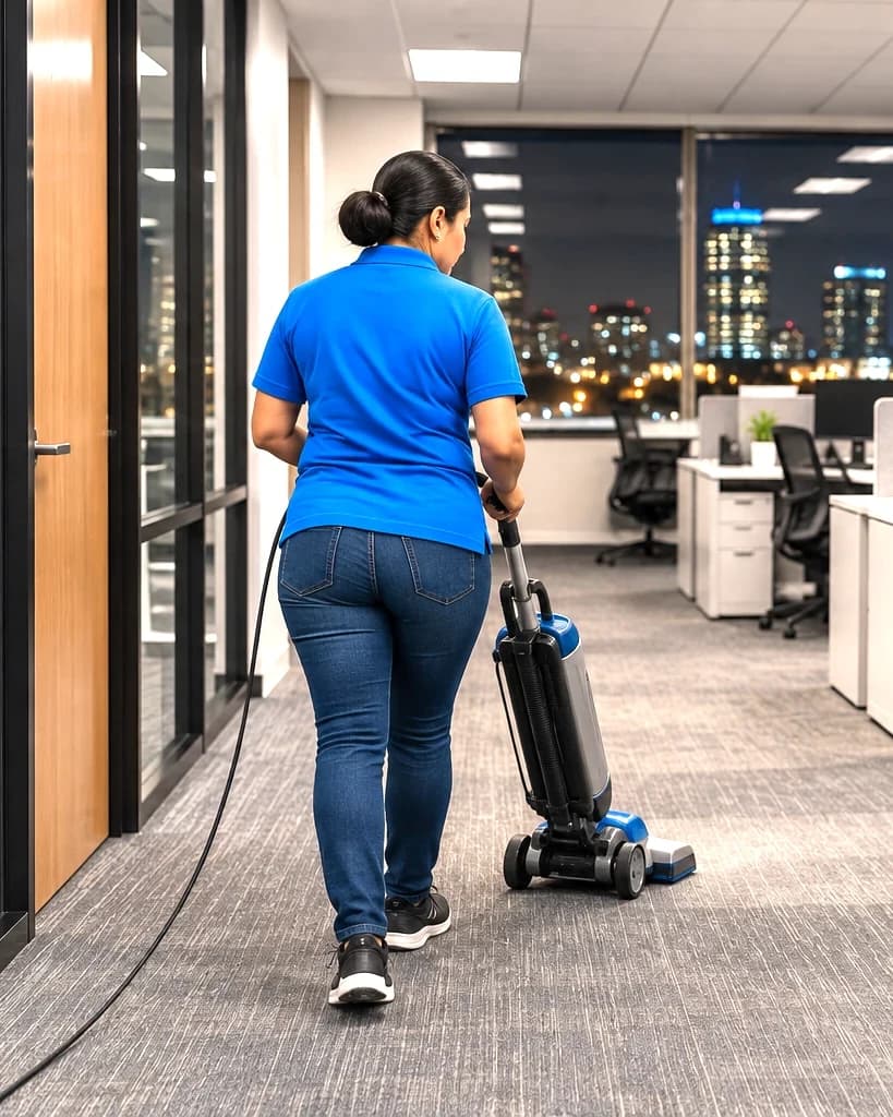 Cleaner vacuuming the aisle of an Austin office after hours