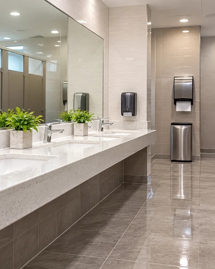 A commercial restroom in San Antonio after cleaning, fixtures polished and dispensers restocked