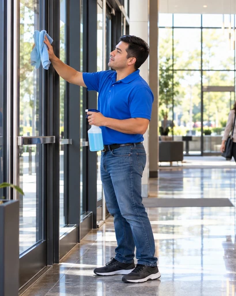Day porter cleaning the lobby glass of an occupied office building during the working day