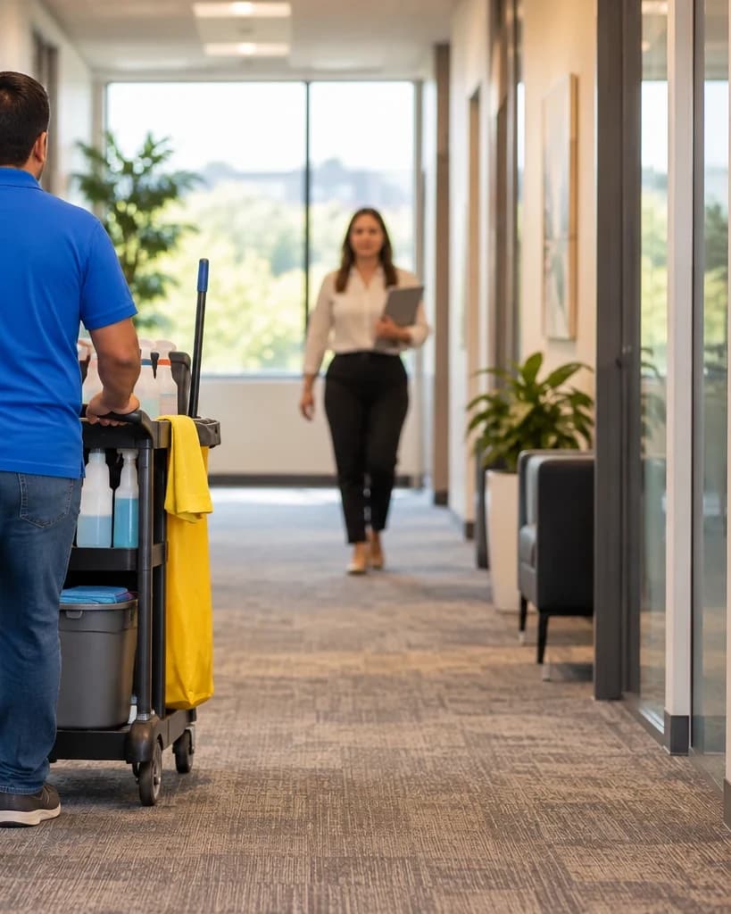 Day porter moving a janitorial cart along an office corridor during business hours