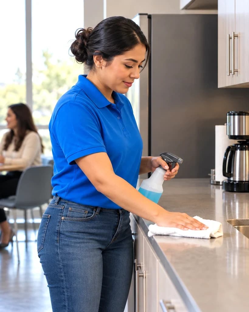 Day porter wiping down an office break room counter while staff have lunch