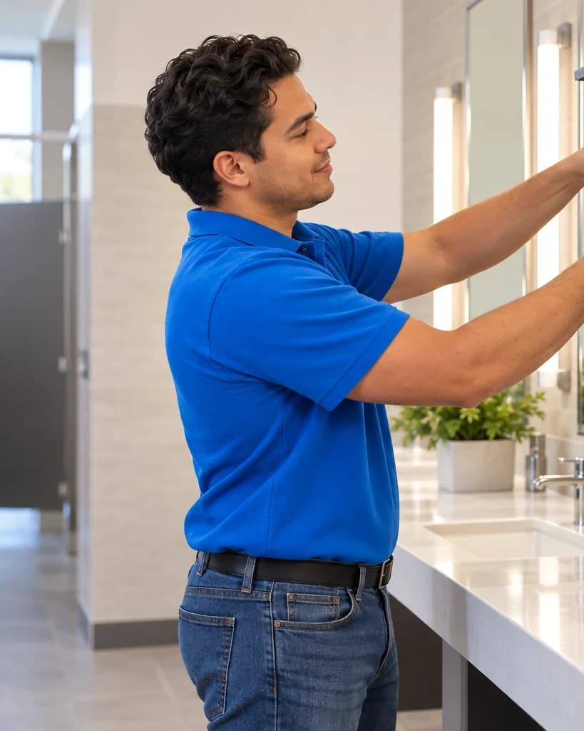 Day porter restocking paper towels in a commercial restroom during the day
