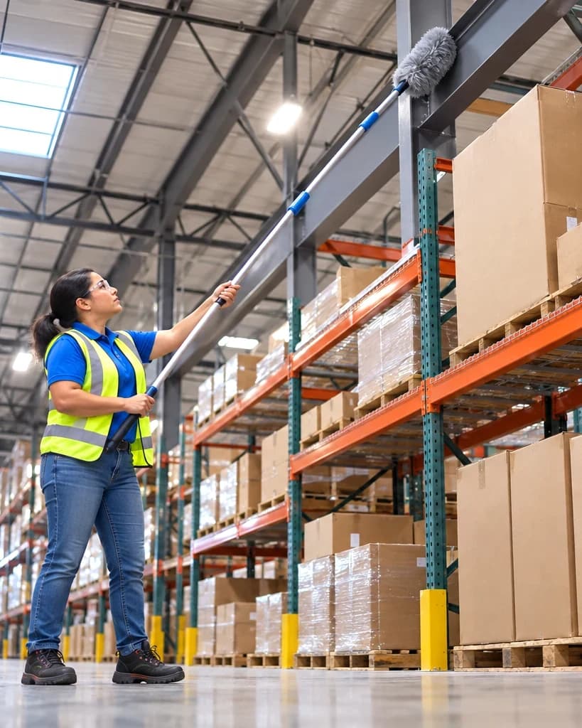 Worker high dusting warehouse racking and beams with an extension pole