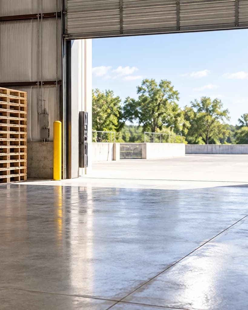 A warehouse loading dock after cleaning, concrete swept and pallets stacked