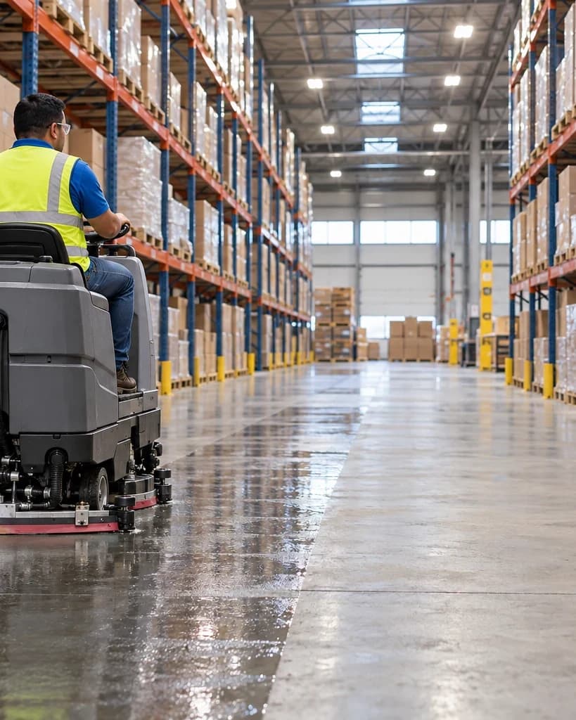 Operator running a ride-on floor scrubber down a warehouse aisle in Central Texas
