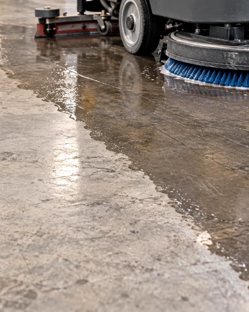 Warehouse concrete floor mid-scrub, the line between dirty and clean clearly visible