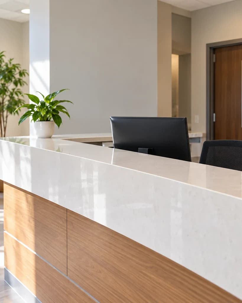 A clinic front desk after cleaning, surfaces bare and polished