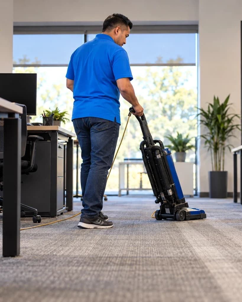 Cleaner vacuuming the carpet between office desks in Austin, vacuum lines visible