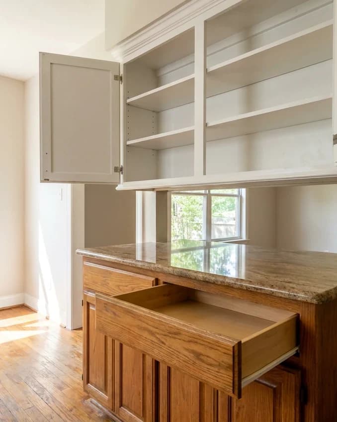 Kitchen cabinets and a drawer left open and clean inside in a vacant house
